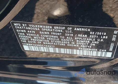 2013 Volkswagen Passat Se из США, поврежденный, VIN 1VWBP7A39DC104977